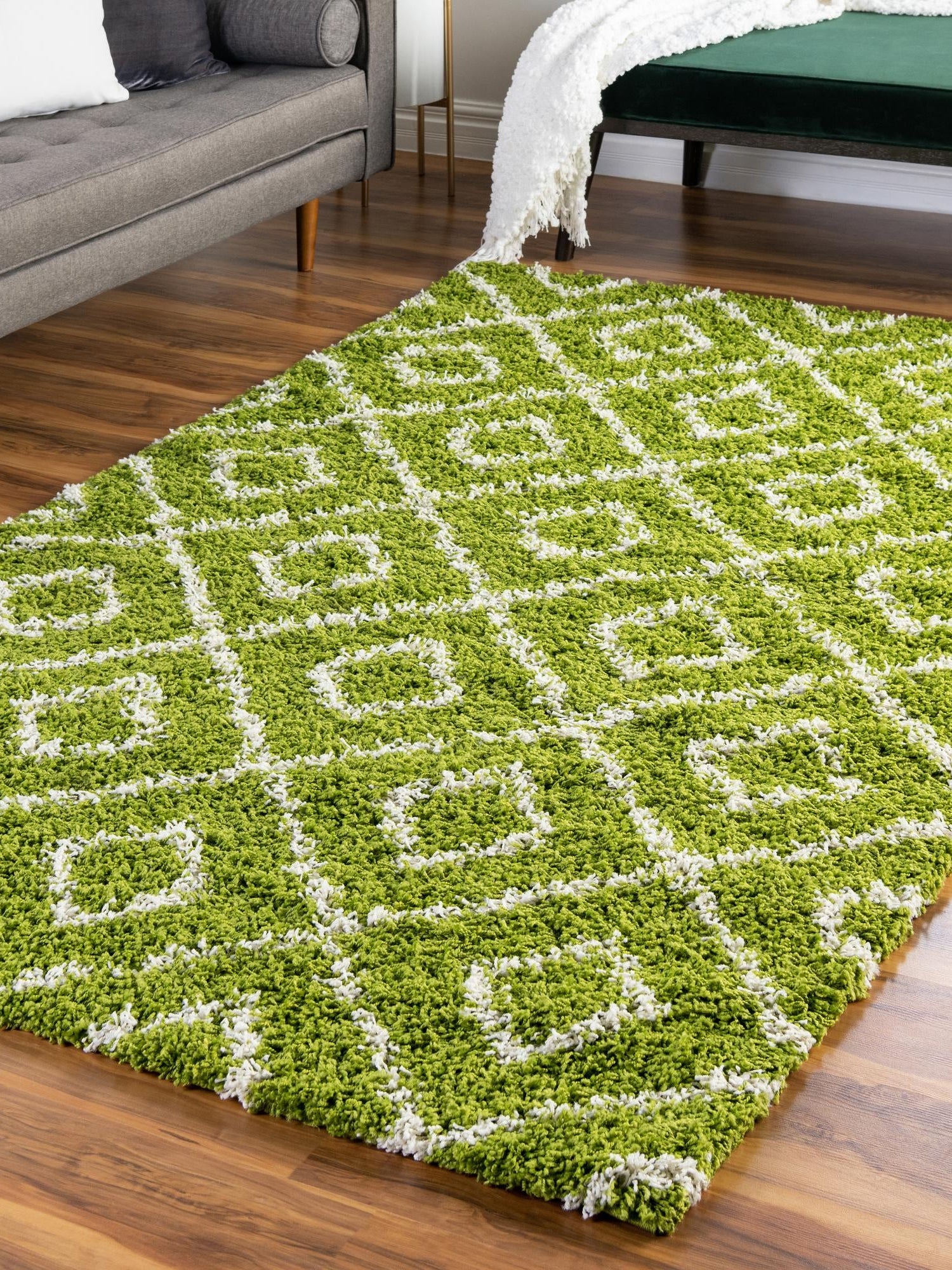 Green 10' x 13' Trellis Shag Rectangle Area Rug Thick Soft Touch Fluffy & Plush Shaggy Pile Geometric Modern Unique Carpet for Home Interior Design for Sale at Rug Engine