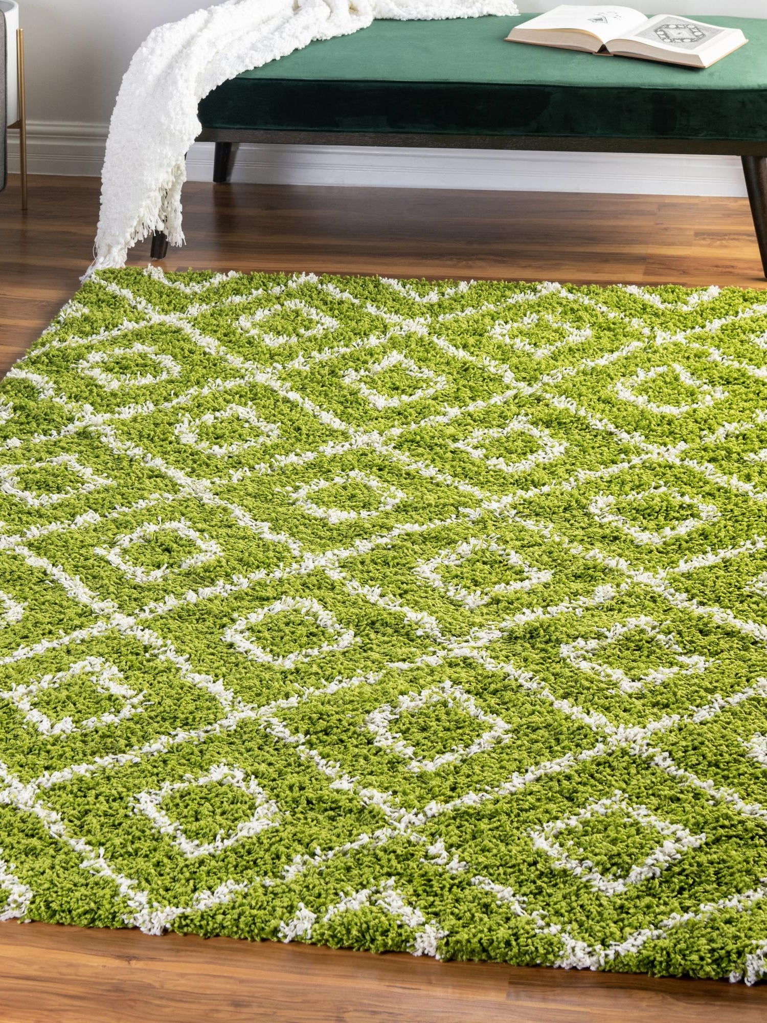 Green 10' x 13' Trellis Shag Rectangle Area Rug Thick Soft Touch Fluffy & Plush Shaggy Pile Geometric Modern Unique Carpet for Home Interior Design for Sale at Rug Engine