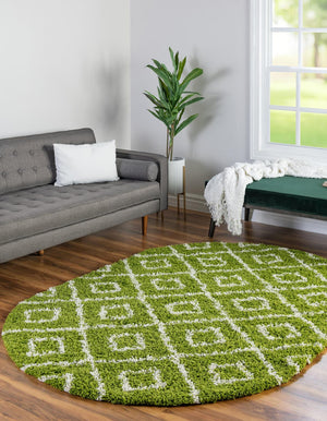Green 7' 10 x 10' Trellis Shag Oval Area Rug Thick Soft Touch Fluffy & Plush Shaggy Pile