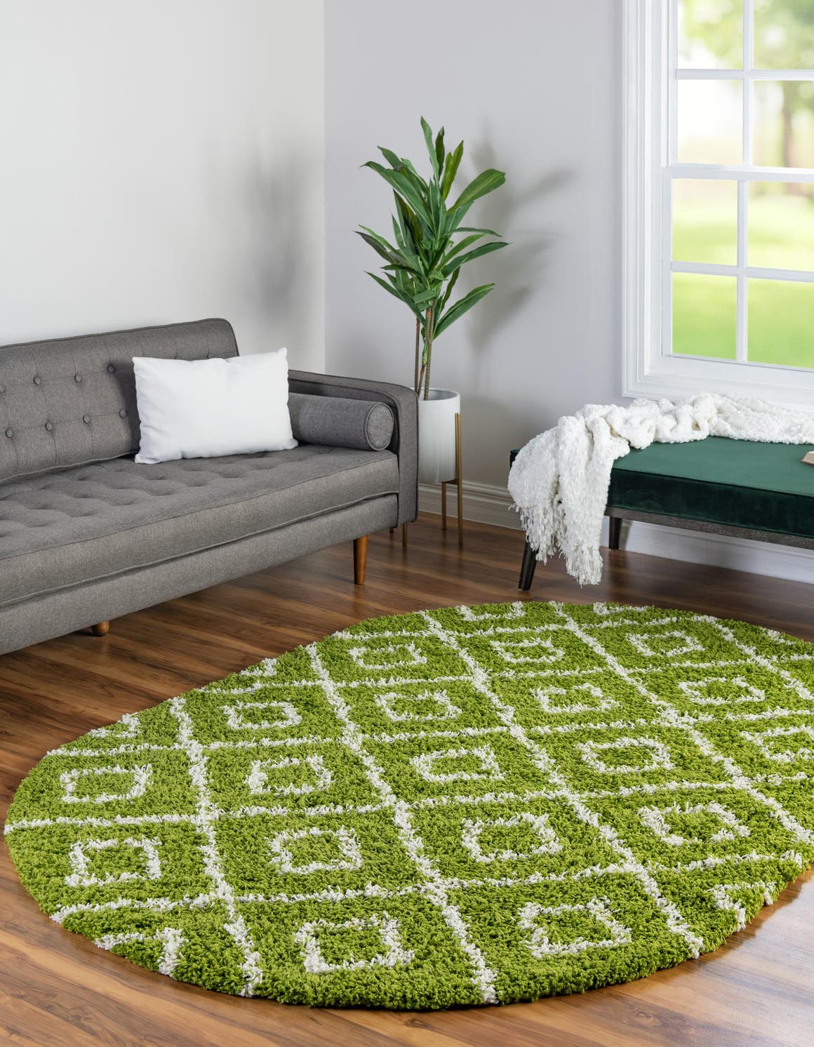 Green 5' 3 x 8' Trellis Shag Oval Area Rug Thick Soft Touch Fluffy & Plush Shaggy Pile Geometric Modern Unique Carpet for Home Interior Design for Sale at Rug Engine