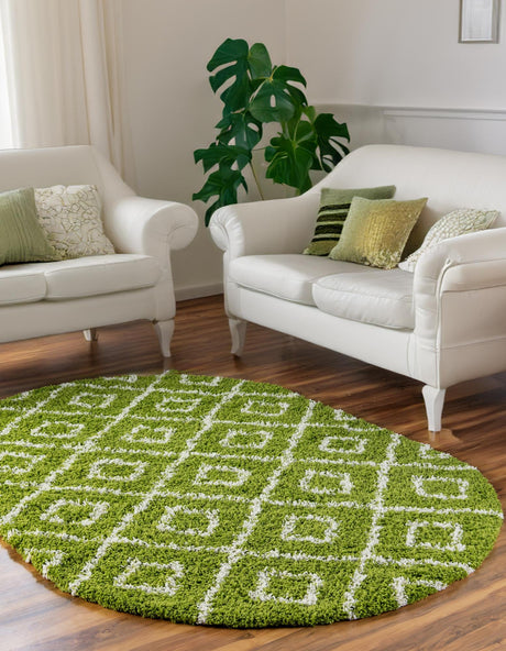Green 4' x 6' Trellis Shag Oval Area Rug Thick Soft Touch Fluffy & Plush Shaggy Pile Geometric Modern Unique Carpet for Home Interior Design for Sale at Rug Engine