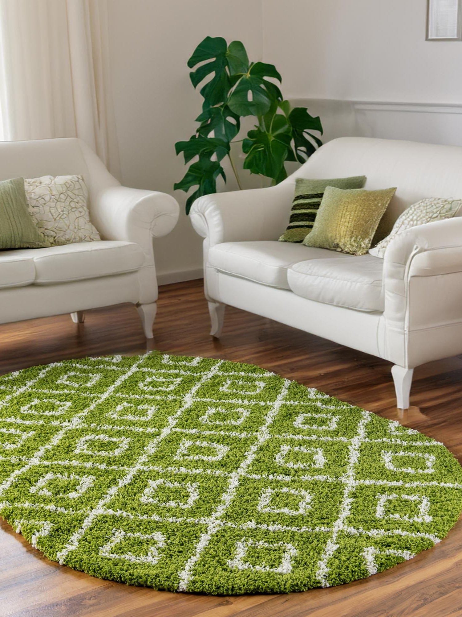 Green 5' 3 x 8' Trellis Shag Oval Area Rug Thick Soft Touch Fluffy & Plush Shaggy Pile Geometric Modern Unique Carpet for Home Interior Design for Sale at Rug Engine