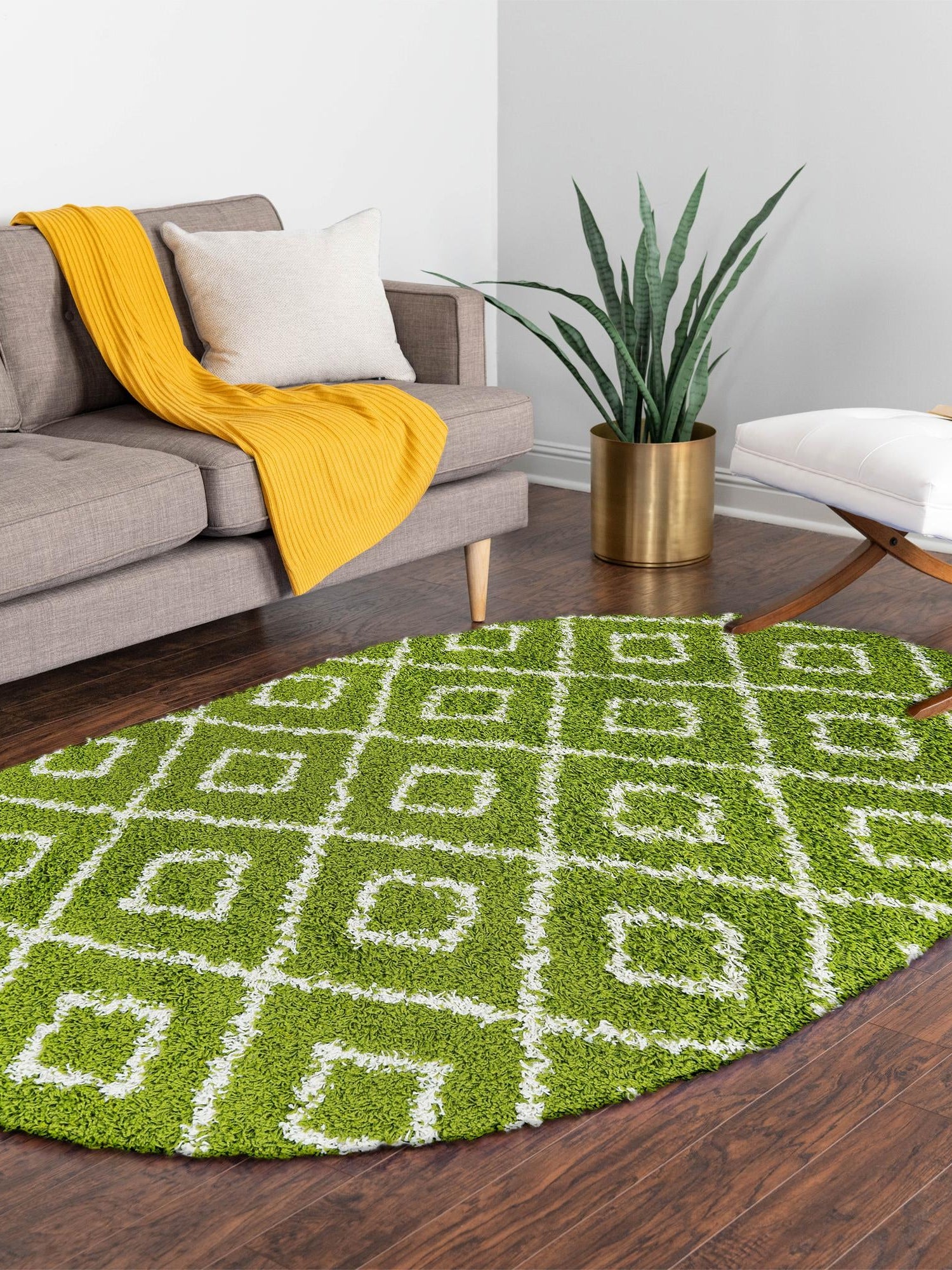 Green 5' 3 x 8' Trellis Shag Oval Area Rug Thick Soft Touch Fluffy & Plush Shaggy Pile Geometric Modern Unique Carpet for Home Interior Design for Sale at Rug Engine