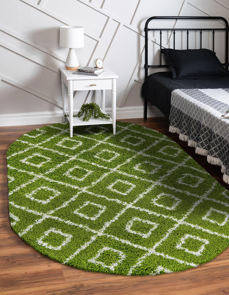 Green 4' x 6' Trellis Shag Oval Area Rug Thick Soft Touch Fluffy & Plush Shaggy Pile Geometric Modern Unique Carpet for Home Interior Design for Sale at Rug Engine