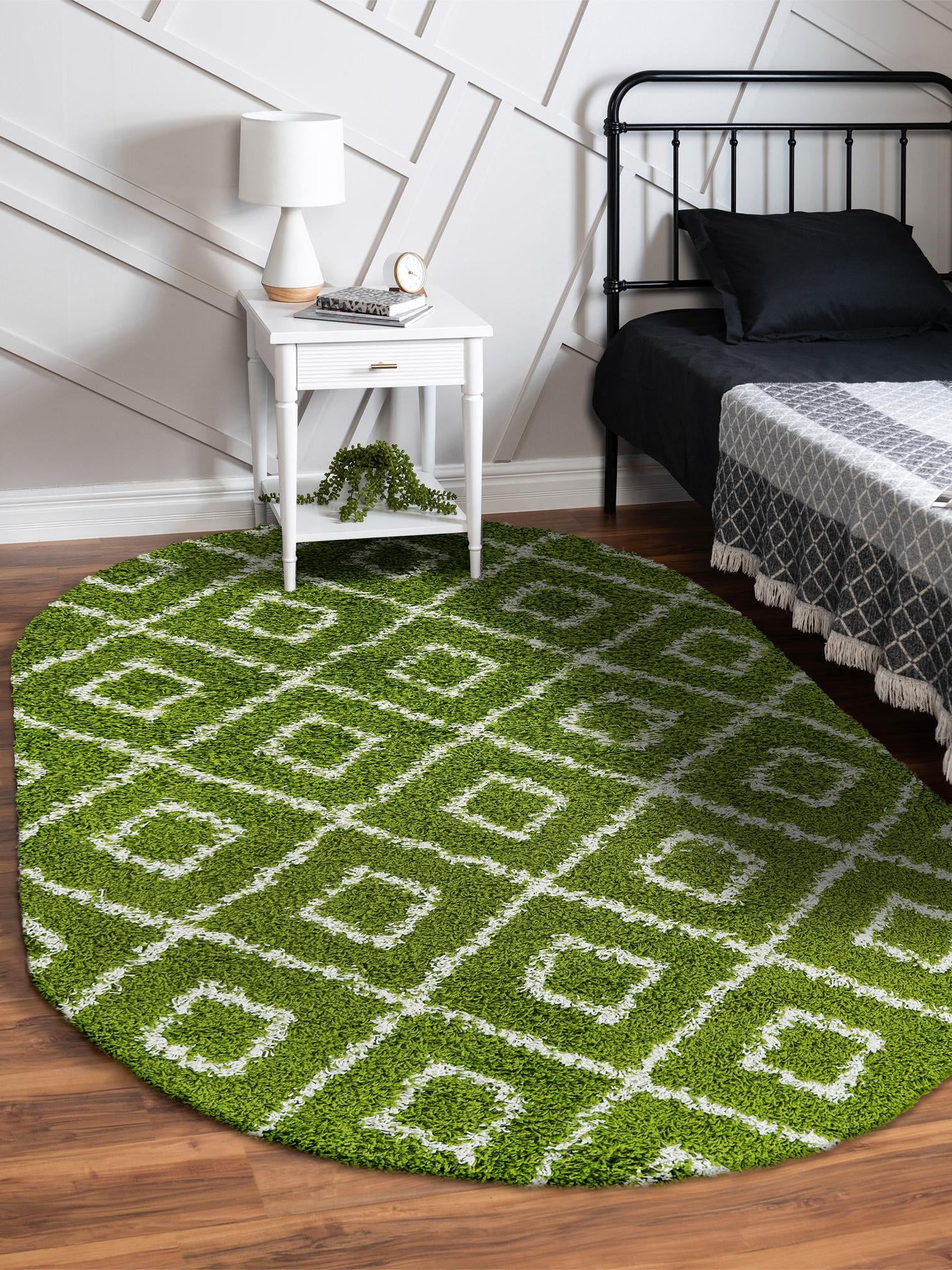 Green 5' 3 x 8' Trellis Shag Oval Area Rug Thick Soft Touch Fluffy & Plush Shaggy Pile Geometric Modern Unique Carpet for Home Interior Design for Sale at Rug Engine
