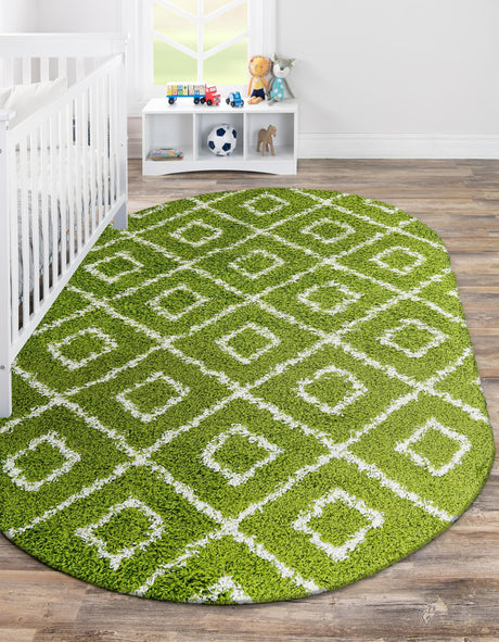 Green 4' x 6' Trellis Shag Oval Area Rug Thick Soft Touch Fluffy & Plush Shaggy Pile Geometric Modern Unique Carpet for Home Interior Design for Sale at Rug Engine