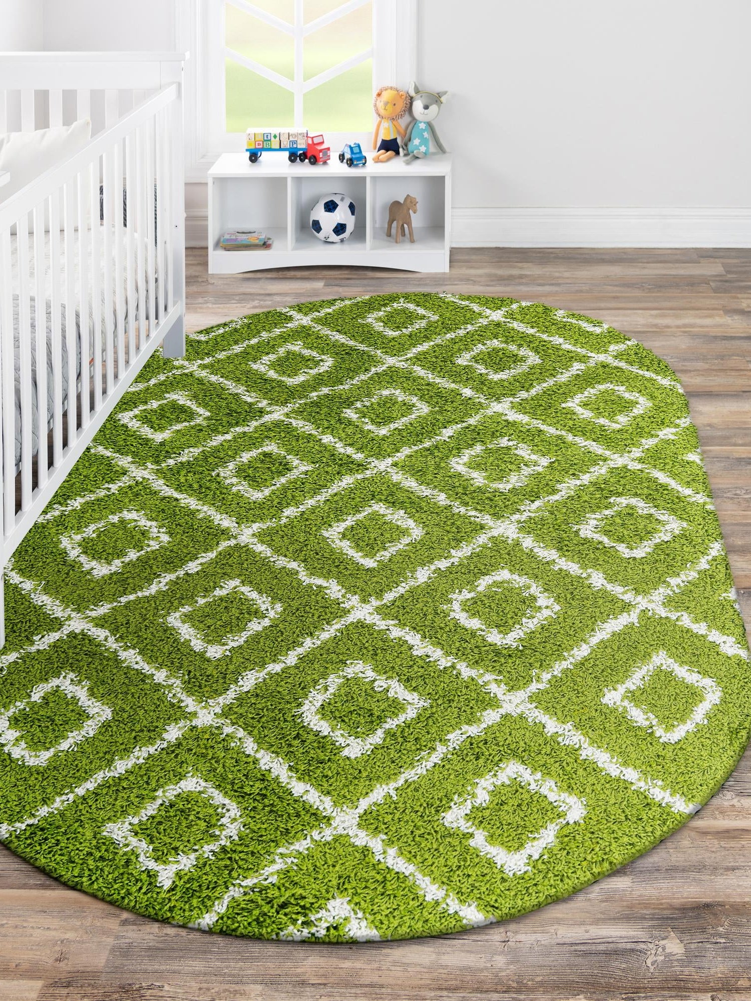 Green 7' 10 x 10' Trellis Shag Oval Area Rug Thick Soft Touch Fluffy & Plush Shaggy Pile Geometric Modern Unique Carpet for Home Interior Design for Sale at Rug Engine