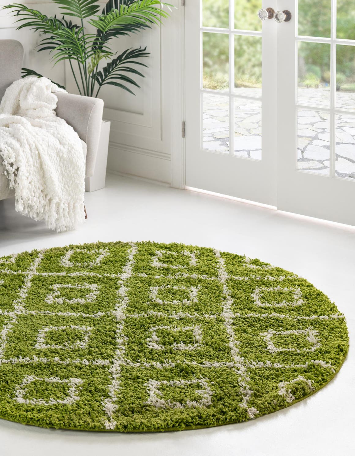 Green 5' 3 x 5' 3 Trellis Shag Round Area Rug Thick Soft Touch Fluffy & Plush Shaggy Pile Geometric Modern Unique Carpet for Home Interior Design for Sale at Rug Engine