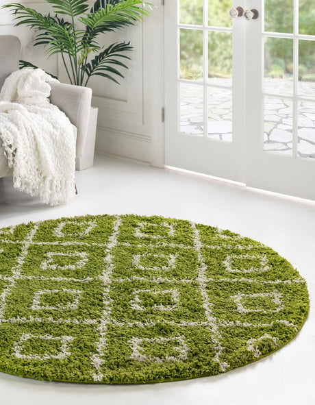 Green 5' 3 x 5' 3 Trellis Shag Round Area Rug Thick Soft Touch Fluffy & Plush Shaggy Pile