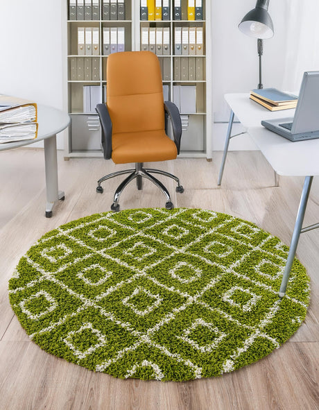 Green 5' 3 x 5' 3 Trellis Shag Round Area Rug Thick Soft Touch Fluffy & Plush Shaggy Pile