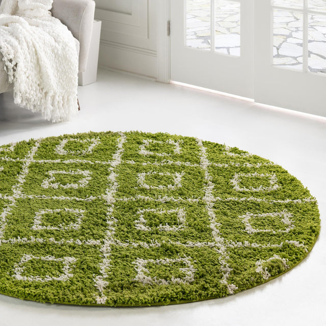Green 10' x 10' Trellis Shag Round Area Rug Thick Soft Touch Fluffy & Plush Shaggy Pile