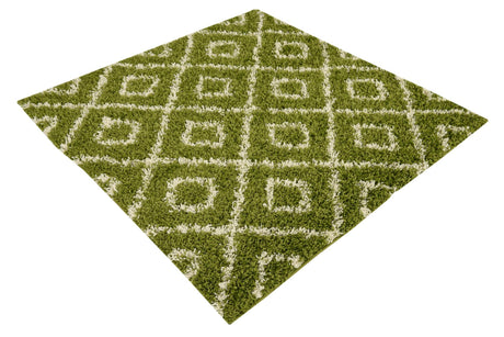 Green 4' x 4' Trellis Shag Square Area Rug Thick Soft Touch Fluffy & Plush Shaggy Pile Geometric Modern Unique Carpet for Home Interior Design for Sale at Rug Engine