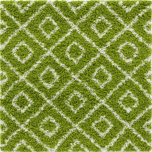 Green 4' x 4' Trellis Shag Square Area Rug Thick Soft Touch Fluffy & Plush Shaggy Pile