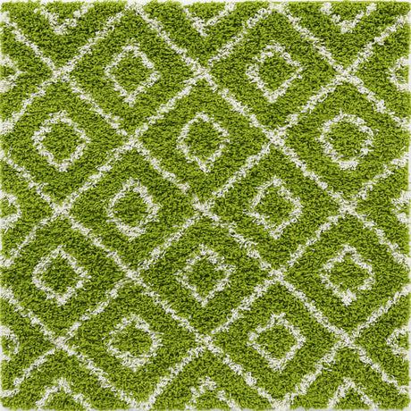 Green 4' x 4' Trellis Shag Square Area Rug Thick Soft Touch Fluffy & Plush Shaggy Pile Geometric Modern Unique Carpet for Home Interior Design for Sale at Rug Engine