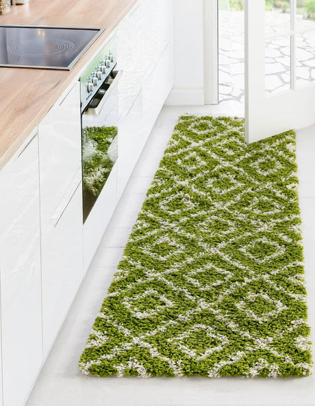 Green 2' x 5' Trellis Shag Runner Area Rug Thick Soft Touch Fluffy & Plush Shaggy Pile