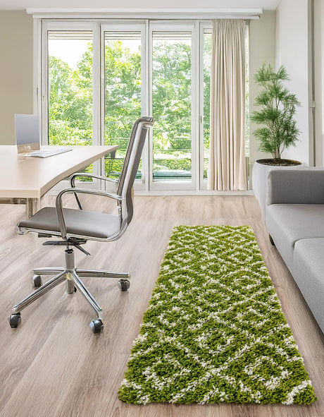 Green 2' x 5' Trellis Shag Runner Area Rug Thick Soft Touch Fluffy & Plush Shaggy Pile