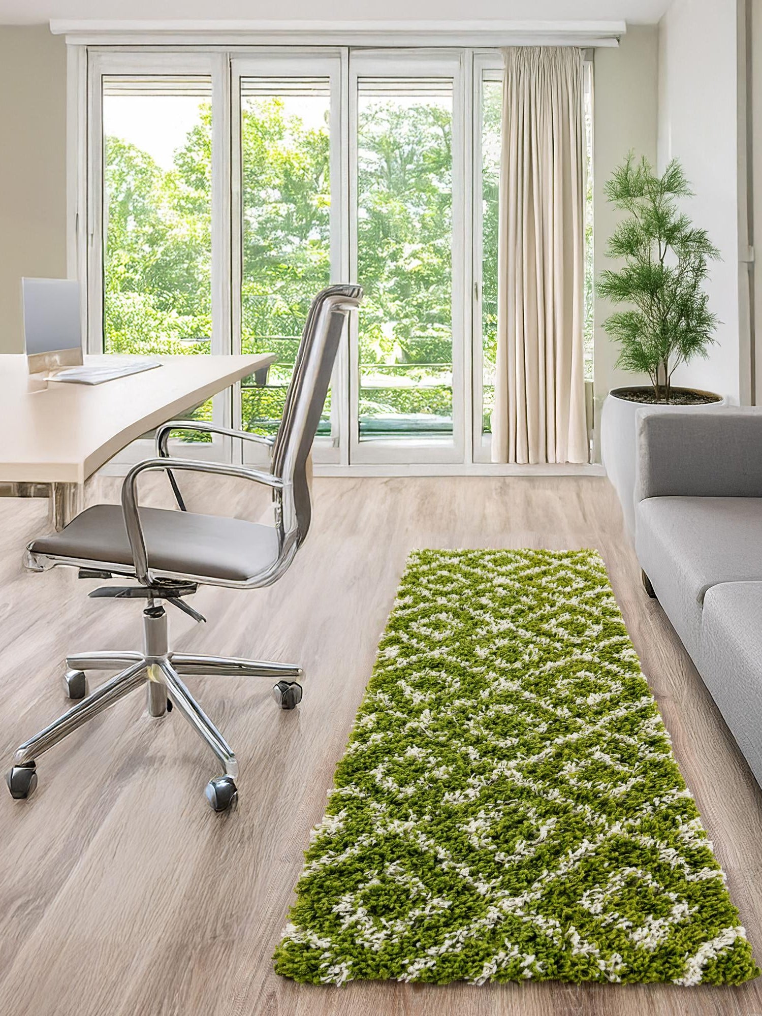 Green 2' 7 x 12' Trellis Shag Runner Area Rug Thick Soft Touch Fluffy & Plush Shaggy Pile Geometric Modern Unique Carpet for Home Interior Design for Sale at Rug Engine