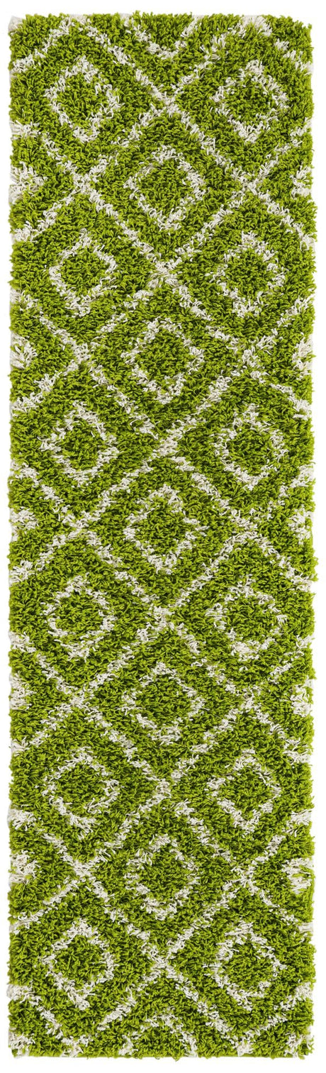 Green 2' x 7' Trellis Shag Runner Area Rug Thick Soft Touch Fluffy & Plush Shaggy Pile Geometric Modern Unique Carpet for Home Interior Design for Sale at Rug Engine