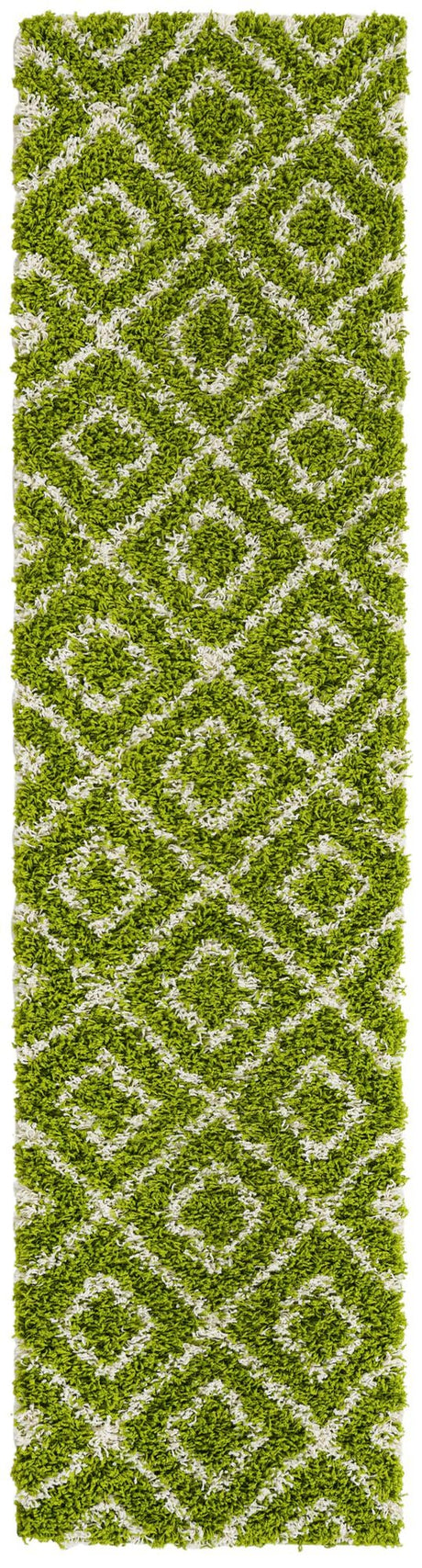 Green 2' x 8' Trellis Shag Runner Area Rug Thick Soft Touch Fluffy & Plush Shaggy Pile Geometric Modern Unique Carpet for Home Interior Design for Sale at Rug Engine