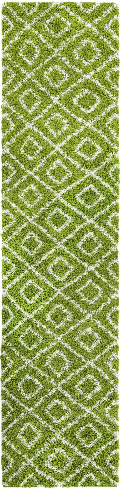 Green 2' 7 x 12' Trellis Shag Runner Area Rug Thick Soft Touch Fluffy & Plush Shaggy Pile Geometric Modern Unique Carpet for Home Interior Design for Sale at Rug Engine