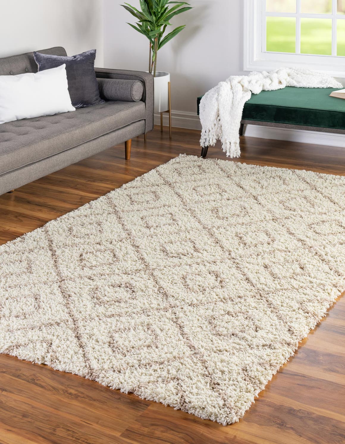 Beige 5' 3 x 8' Trellis Shag Rectangle Area Rug Thick Soft Touch Fluffy & Plush Shaggy Pile Geometric Modern Unique Carpet for Home Interior Design for Sale at Rug Engine