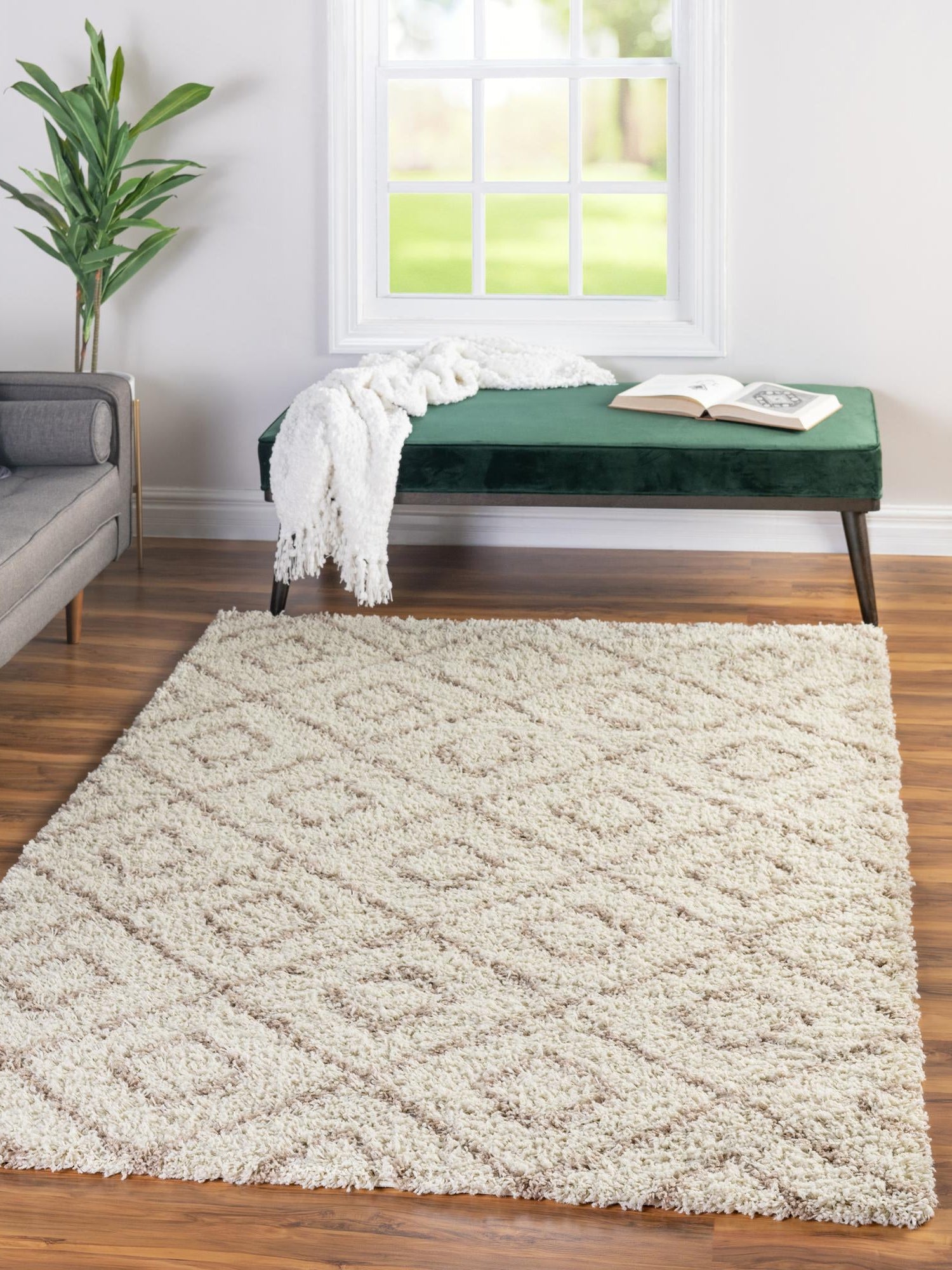 Beige 5' 3 x 8' Trellis Shag Rectangle Area Rug Thick Soft Touch Fluffy & Plush Shaggy Pile Geometric Modern Unique Carpet for Home Interior Design for Sale at Rug Engine