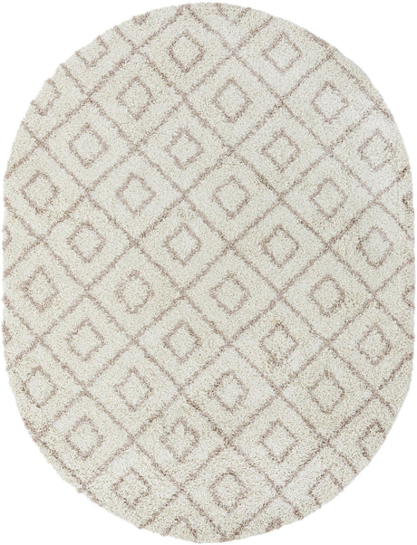 Beige 7' 10 x 10' Trellis Shag Oval Area Rug Thick Soft Touch Fluffy & Plush Shaggy Pile Geometric Modern Unique Carpet for Home Interior Design for Sale at Rug Engine