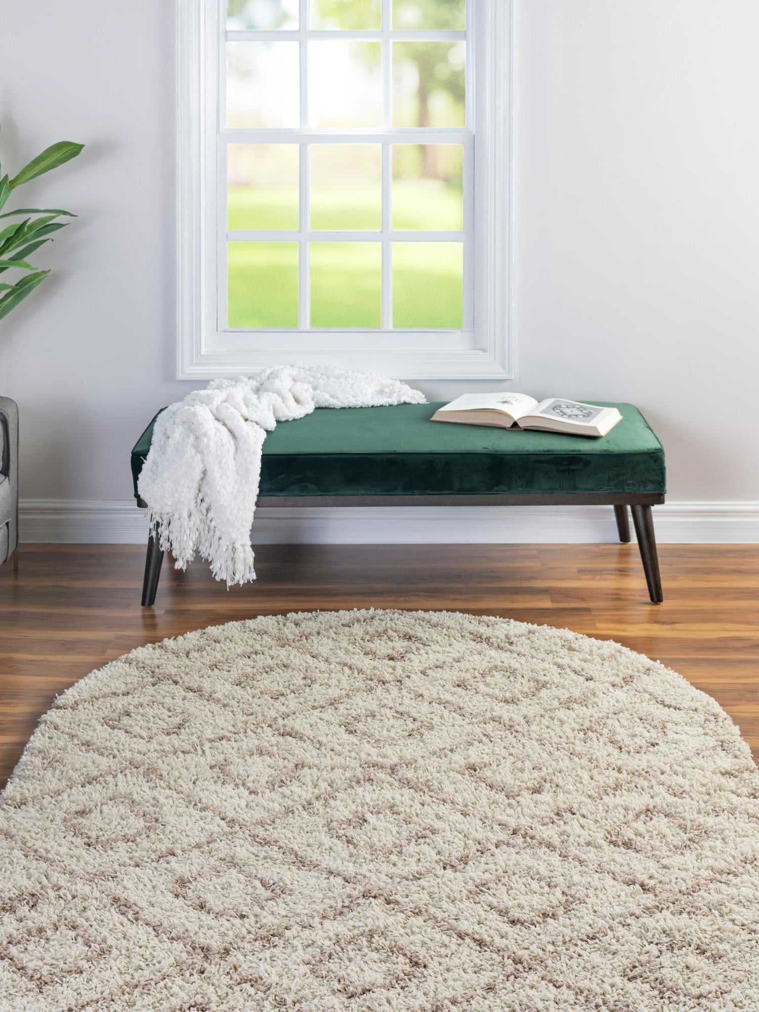 Beige 4' x 6' Trellis Shag Oval Area Rug Thick Soft Touch Fluffy & Plush Shaggy Pile Geometric Modern Unique Carpet for Home Interior Design for Sale at Rug Engine