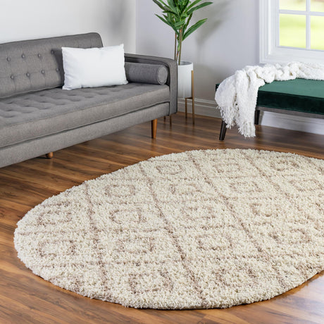 Beige 7' 10 x 10' Trellis Shag Oval Area Rug Thick Soft Touch Fluffy & Plush Shaggy Pile Geometric Modern Unique Carpet for Home Interior Design for Sale at Rug Engine