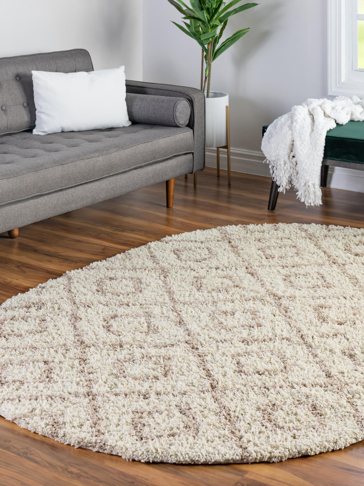 Beige 4' x 6' Trellis Shag Oval Area Rug Thick Soft Touch Fluffy & Plush Shaggy Pile Geometric Modern Unique Carpet for Home Interior Design for Sale at Rug Engine