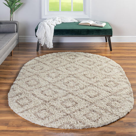 Beige 7' 10 x 10' Trellis Shag Oval Area Rug Thick Soft Touch Fluffy & Plush Shaggy Pile Geometric Modern Unique Carpet for Home Interior Design for Sale at Rug Engine