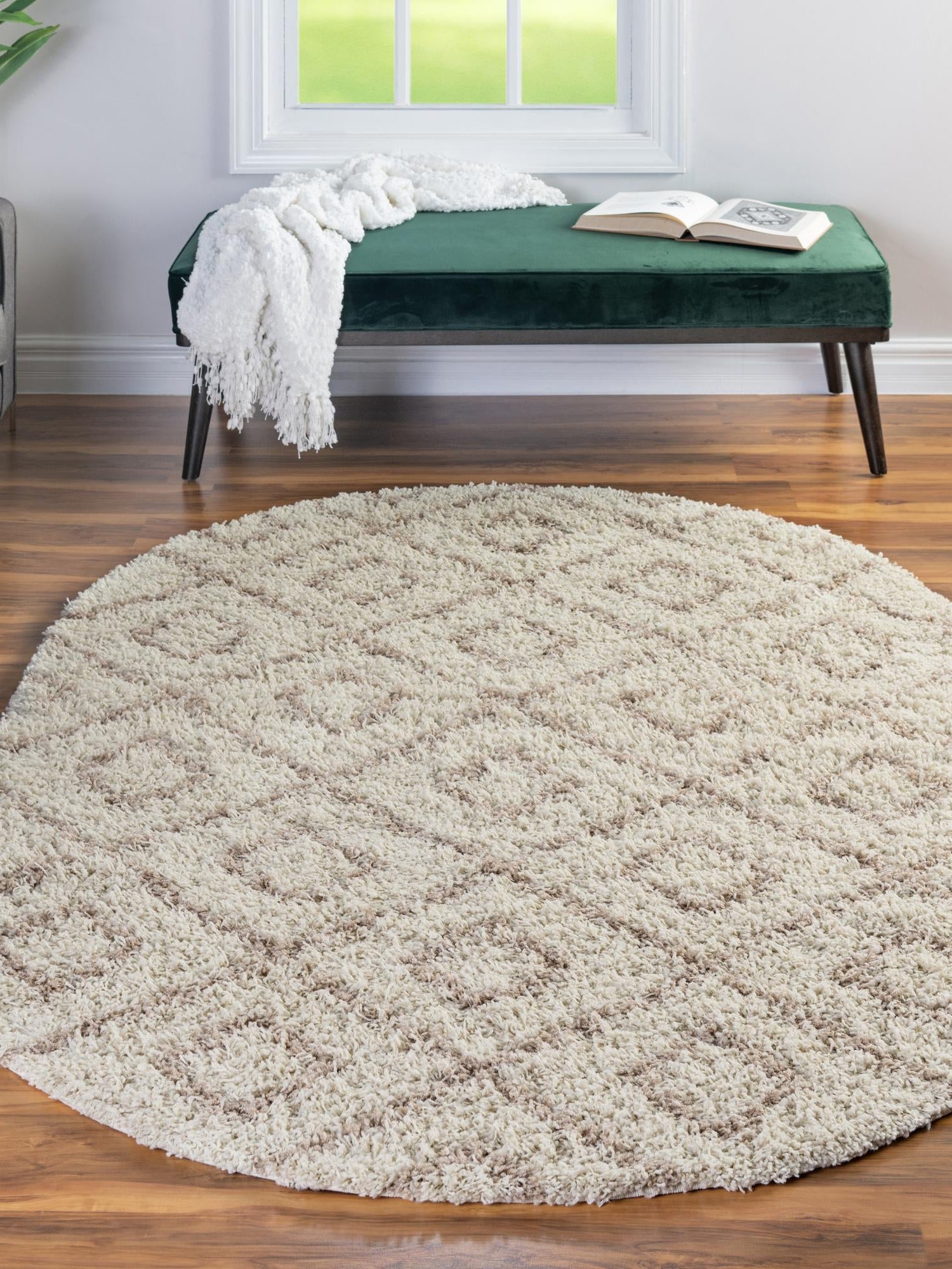 Beige 5' 3 x 8' Trellis Shag Oval Area Rug Thick Soft Touch Fluffy & Plush Shaggy Pile Geometric Modern Unique Carpet for Home Interior Design for Sale at Rug Engine