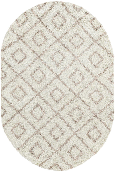 Beige 5' 3 x 8' Trellis Shag Oval Area Rug Thick Soft Touch Fluffy & Plush Shaggy Pile Geometric Modern Unique Carpet for Home Interior Design for Sale at Rug Engine