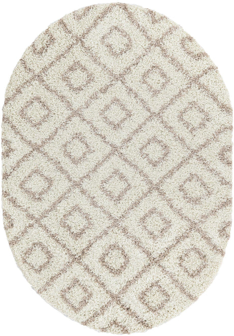 Beige 4' x 6' Trellis Shag Oval Area Rug Thick Soft Touch Fluffy & Plush Shaggy Pile Geometric Modern Unique Carpet for Home Interior Design for Sale at Rug Engine