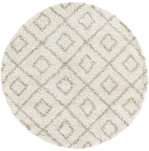 Beige 6' x 6' Trellis Shag Round Area Rug Thick Soft Touch Fluffy & Plush Shaggy Pile