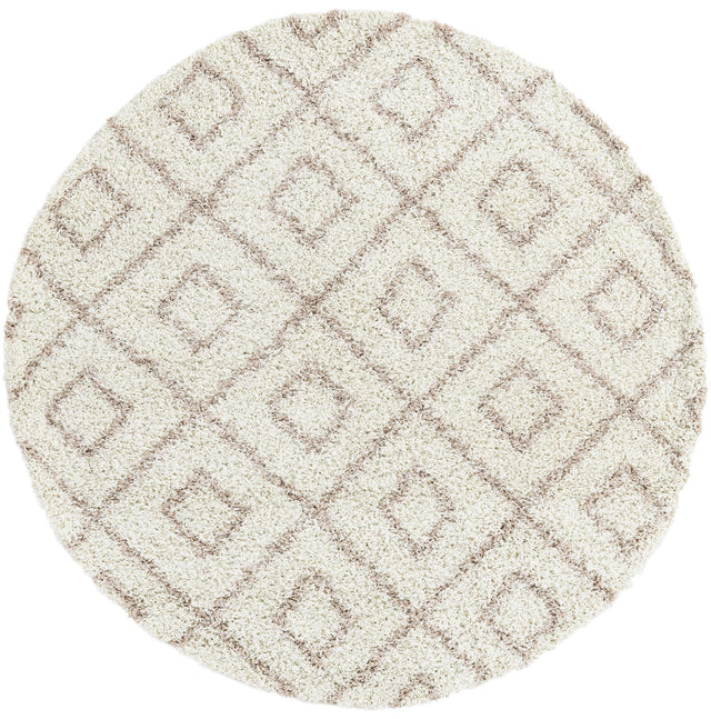 Beige 6' x 6' Trellis Shag Round Area Rug Thick Soft Touch Fluffy & Plush Shaggy Pile