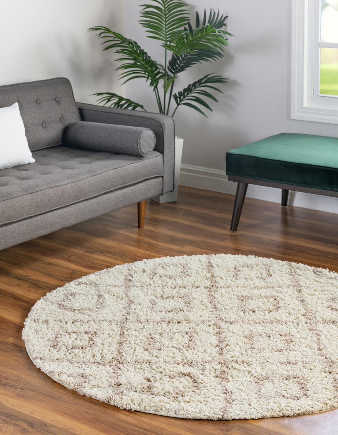Beige 6' x 6' Trellis Shag Round Area Rug Thick Soft Touch Fluffy & Plush Shaggy Pile Geometric Modern Unique Carpet for Home Interior Design for Sale at Rug Engine