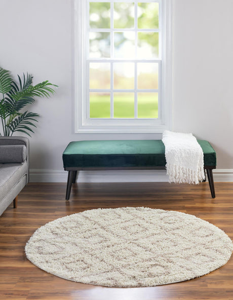 Beige 5' 3 x 5' 3 Trellis Shag Round Area Rug Thick Soft Touch Fluffy & Plush Shaggy Pile