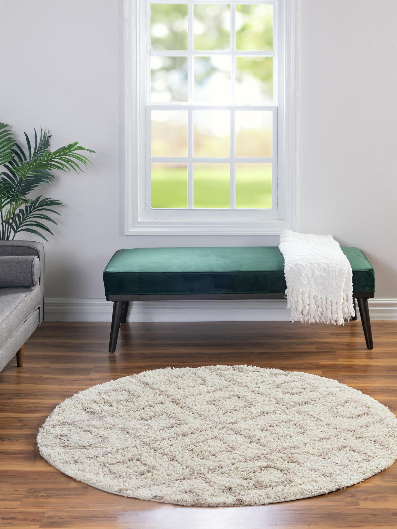 Beige 10' x 10' Trellis Shag Round Area Rug Thick Soft Touch Fluffy & Plush Shaggy Pile Geometric Modern Unique Carpet for Home Interior Design for Sale at Rug Engine
