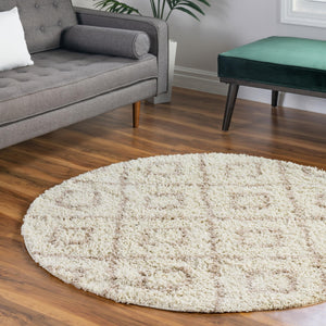 Beige 3' 3 x 3' 3 Trellis Shag Round Area Rug Thick Soft Touch Fluffy & Plush Shaggy Pile