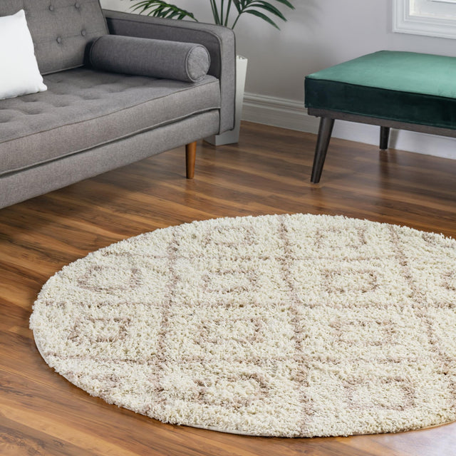 Beige 3' 3 x 3' 3 Trellis Shag Round Area Rug Thick Soft Touch Fluffy & Plush Shaggy Pile