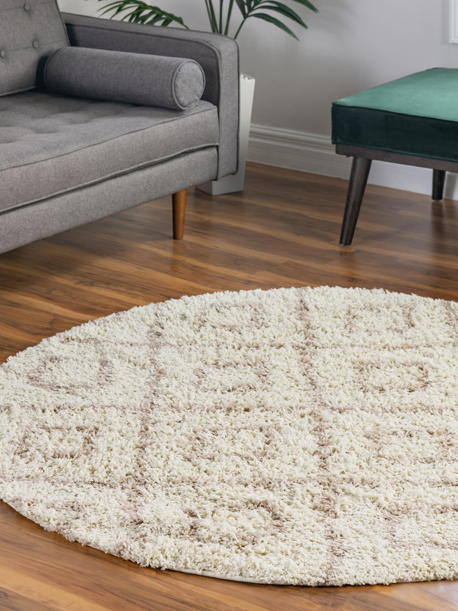 Beige 7' 10 x 7' 10 Trellis Shag Round Area Rug Thick Soft Touch Fluffy & Plush Shaggy Pile Geometric Modern Unique Carpet for Home Interior Design for Sale at Rug Engine