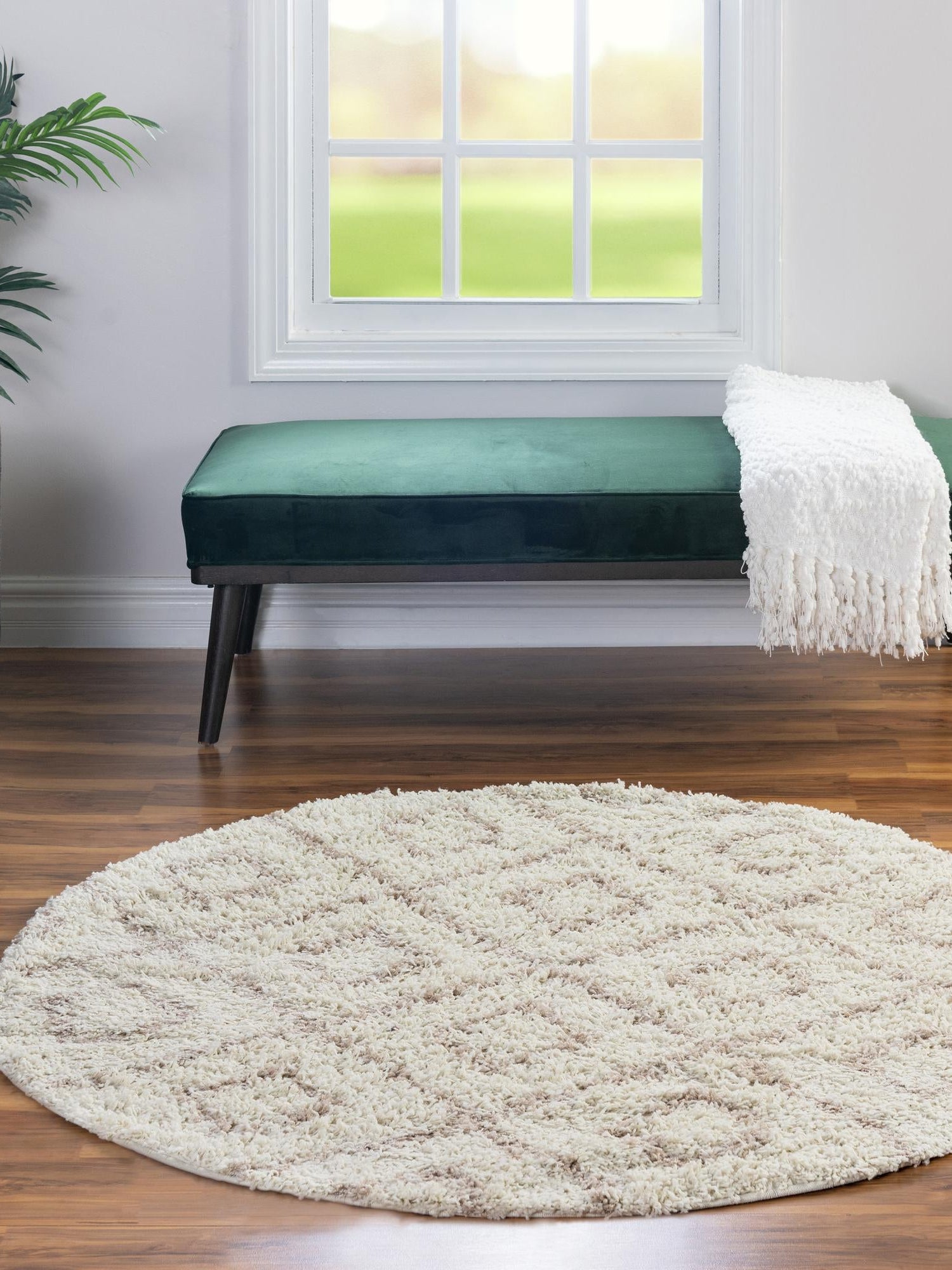Beige 7' 10 x 7' 10 Trellis Shag Round Area Rug Thick Soft Touch Fluffy & Plush Shaggy Pile Geometric Modern Unique Carpet for Home Interior Design for Sale at Rug Engine