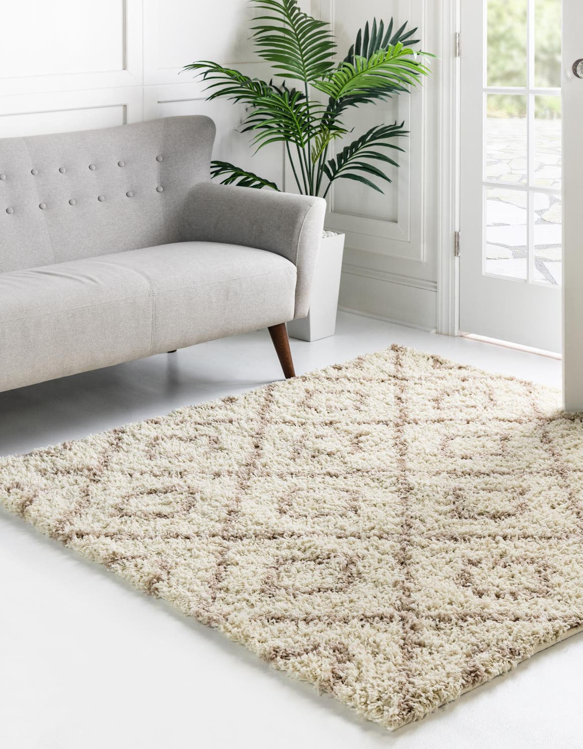 Beige 7' 10 x 7' 10 Trellis Shag Square Area Rug Thick Soft Touch Fluffy & Plush Shaggy Pile Geometric Modern Unique Carpet for Home Interior Design for Sale at Rug Engine