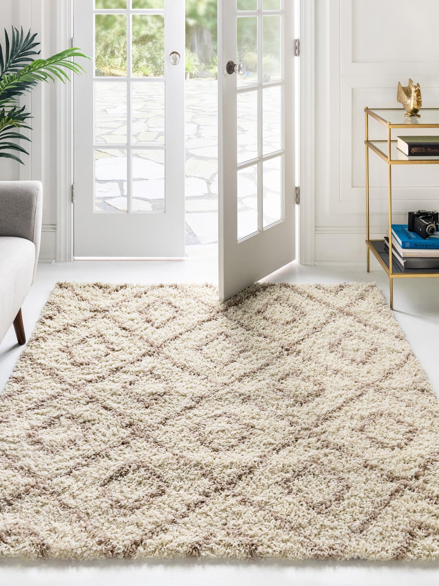 Beige 7' 10 x 7' 10 Trellis Shag Square Area Rug Thick Soft Touch Fluffy & Plush Shaggy Pile Geometric Modern Unique Carpet for Home Interior Design for Sale at Rug Engine