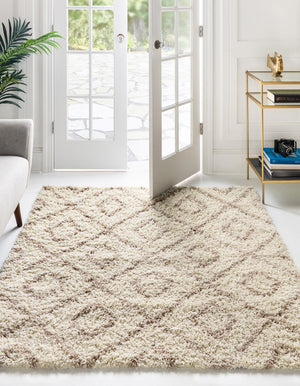 Beige 7' 10 x 7' 10 Trellis Shag Square Area Rug Thick Soft Touch Fluffy & Plush Shaggy Pile