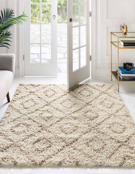 Beige 7' 10 x 7' 10 Trellis Shag Square Area Rug Thick Soft Touch Fluffy & Plush Shaggy Pile