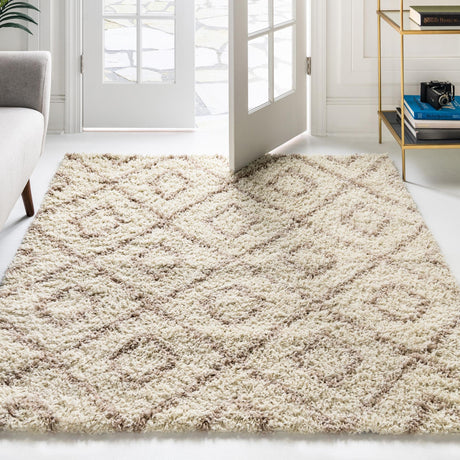 Beige 6' x 6' Trellis Shag Square Area Rug Thick Soft Touch Fluffy & Plush Shaggy Pile Geometric Modern Unique Carpet for Home Interior Design for Sale at Rug Engine