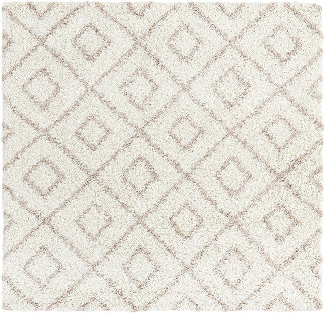 Beige 6' x 6' Trellis Shag Square Area Rug Thick Soft Touch Fluffy & Plush Shaggy Pile
