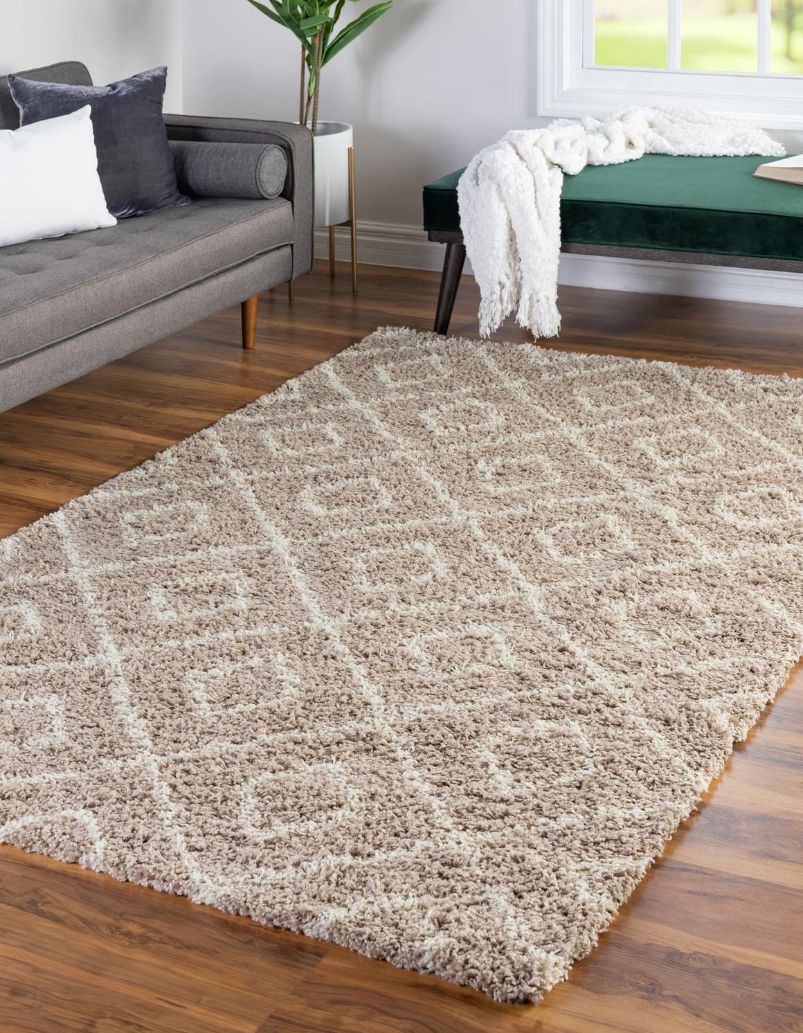 Light Brown 4' x 6' Trellis Shag Rectangle Area Rug Thick Soft Touch Fluffy & Plush Shaggy Pile Geometric Modern Unique Carpet for Home Interior Design for Sale at Rug Engine
